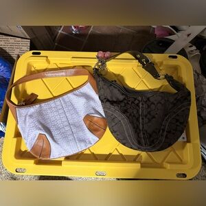 Lot of two Coach Y2K Lilac and Chocolate Brown Signature Jacquard Ergo Purses